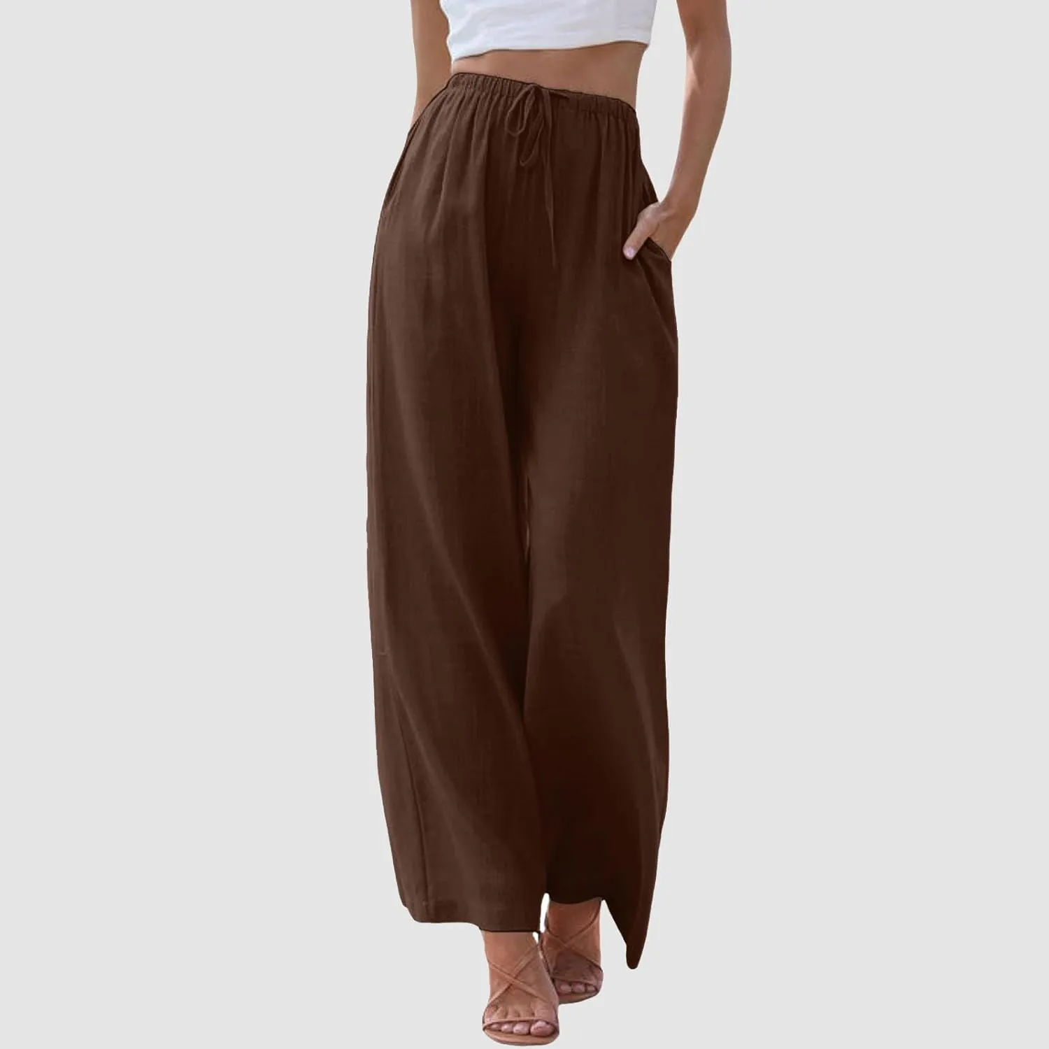 Women's Summer Palazzo Pants Casual Wide Leg Linen Pants Flowy Beach Pants Elastic Waist Comfy Lightweight Trousers