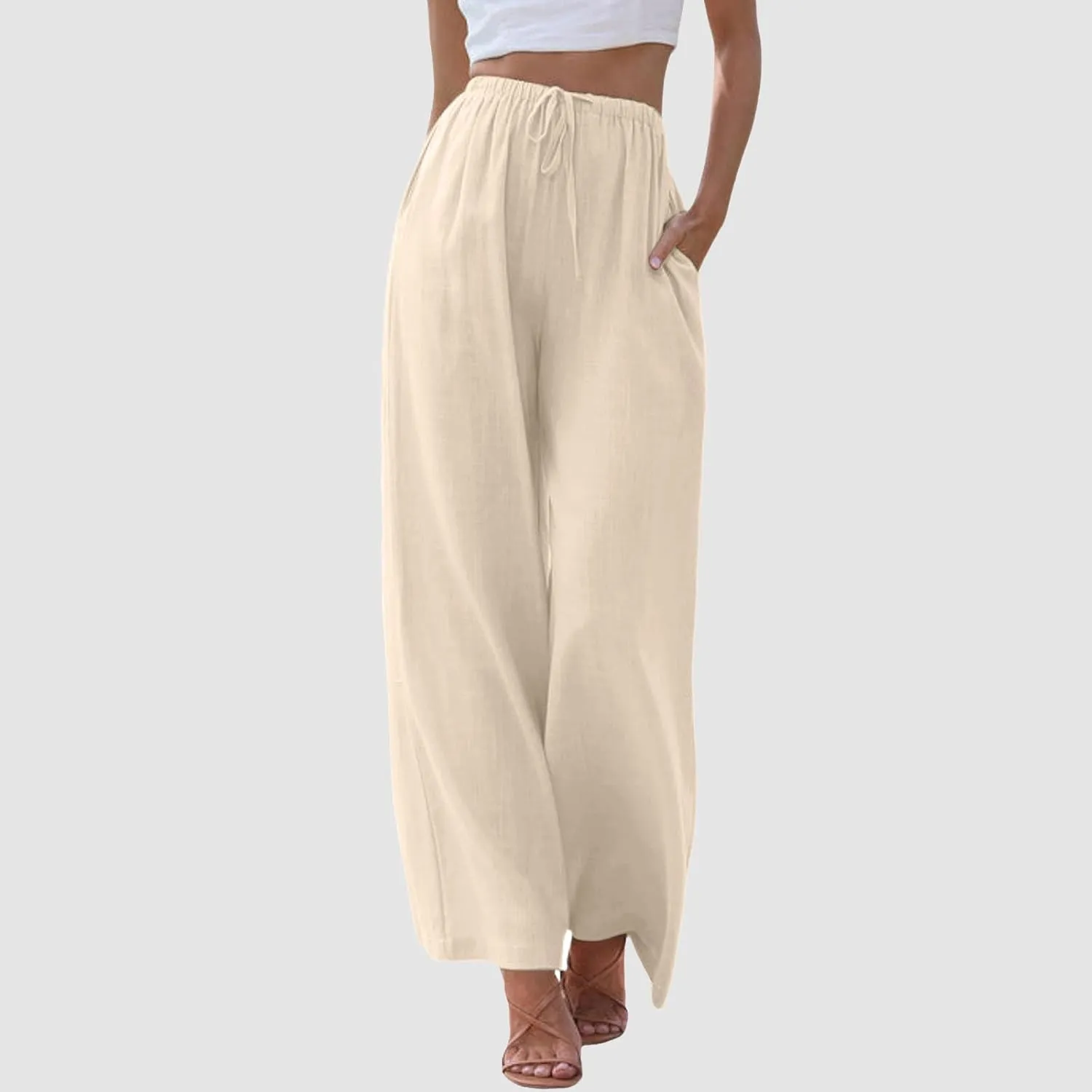 Women's Summer Palazzo Pants Casual Wide Leg Linen Pants Flowy Beach Pants Elastic Waist Comfy Lightweight Trousers