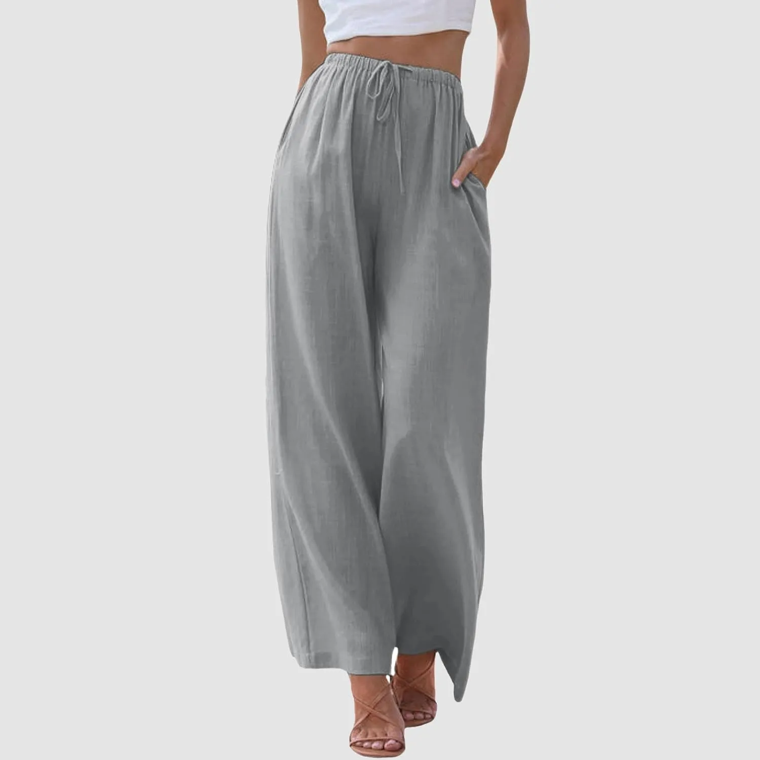 Women's Summer Palazzo Pants Casual Wide Leg Linen Pants Flowy Beach Pants Elastic Waist Comfy Lightweight Trousers