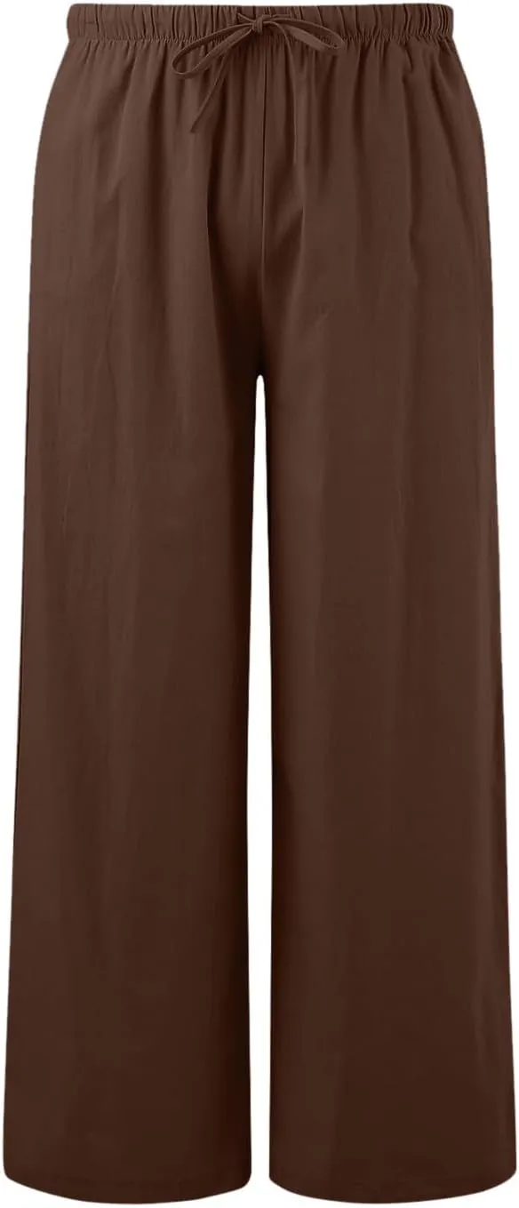 Women's Summer Palazzo Pants Casual Wide Leg Linen Pants Flowy Beach Pants Elastic Waist Comfy Lightweight Trousers