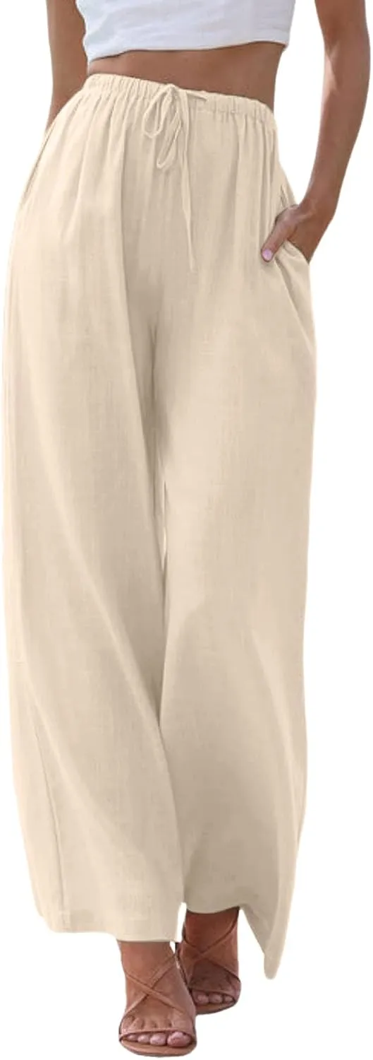 Women's Summer Palazzo Pants Casual Wide Leg Linen Pants Flowy Beach Pants Elastic Waist Comfy Lightweight Trousers