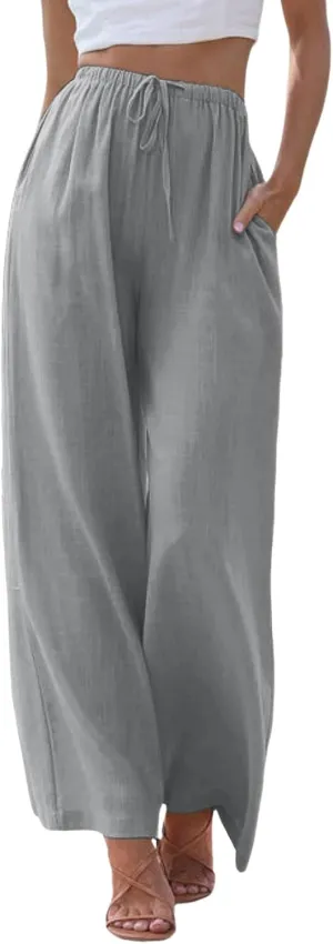 Women's Summer Palazzo Pants Casual Wide Leg Linen Pants Flowy Beach Pants Elastic Waist Comfy Lightweight Trousers