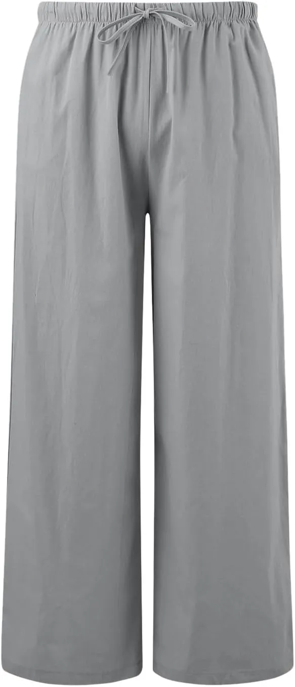 Women's Summer Palazzo Pants Casual Wide Leg Linen Pants Flowy Beach Pants Elastic Waist Comfy Lightweight Trousers