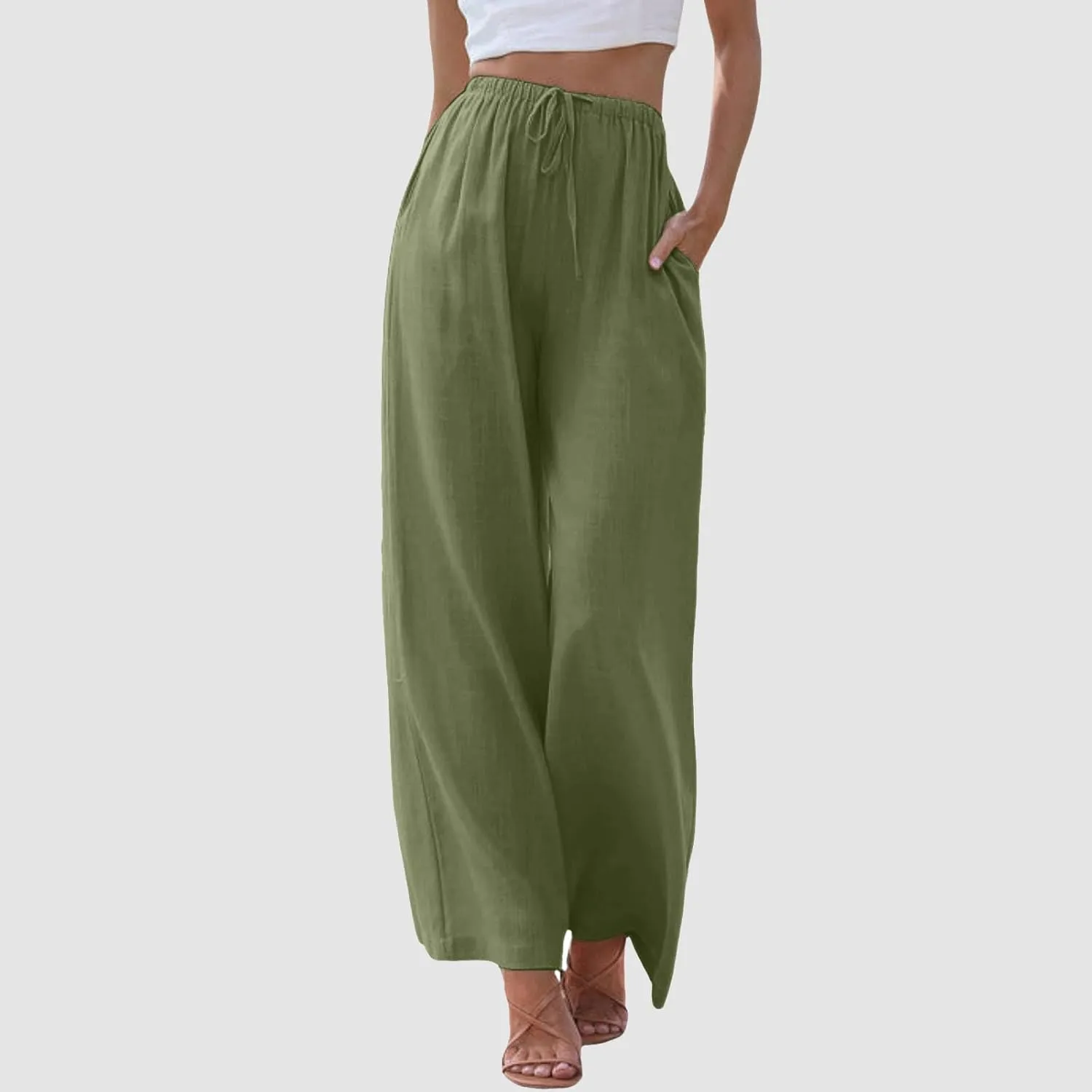 Women's Summer Palazzo Pants Casual Wide Leg Linen Pants Flowy Beach Pants Elastic Waist Comfy Lightweight Trousers