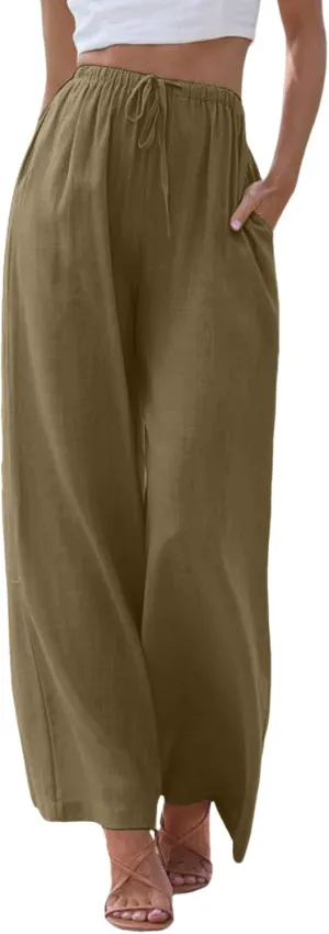 Women's Summer Palazzo Pants Casual Wide Leg Linen Pants Flowy Beach Pants Elastic Waist Comfy Lightweight Trousers