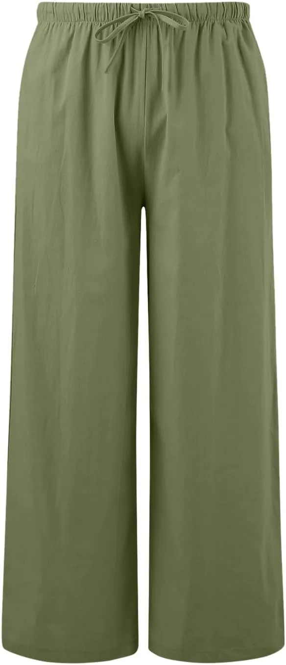 Women's Summer Palazzo Pants Casual Wide Leg Linen Pants Flowy Beach Pants Elastic Waist Comfy Lightweight Trousers