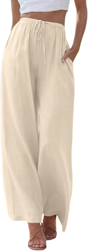 Women's Summer Palazzo Pants Casual Wide Leg Linen Pants Flowy Beach Pants Elastic Waist Comfy Lightweight Trousers