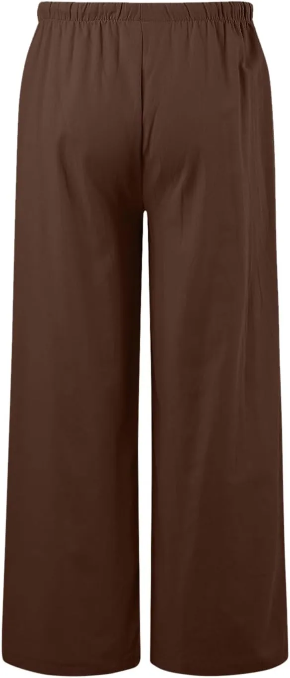 Women's Summer Palazzo Pants Casual Wide Leg Linen Pants Flowy Beach Pants Elastic Waist Comfy Lightweight Trousers