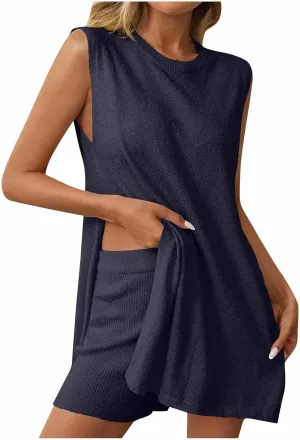 Women's Summer Sleeveless Sweater Sets Casual Knit Tunic Tops Shorts 2 Piece Outfits Loungewear Side Slit Pajama Set