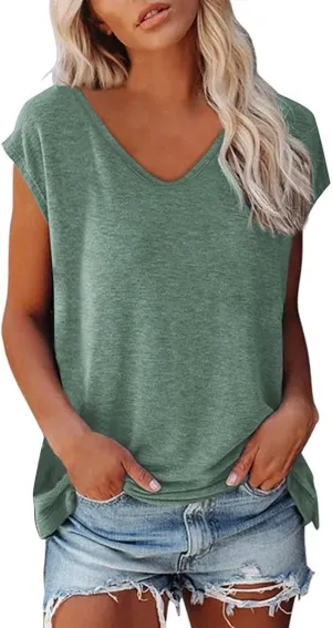 Women's Summer Tops 2025 Trendy Plus Size Cap Sleeve T Shirts Loose Fit Tank Top V Neck Solid Casual Tunic Blouse