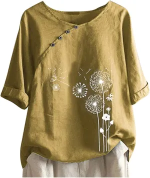 Women's Summer Tops Casual Cotton Linen T Shirts Short Sleeve Round Neck Shirt Oversized Floral Graphic Tees