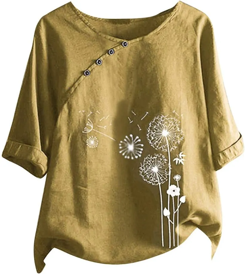 Women's Summer Tops Casual Cotton Linen T Shirts Short Sleeve Round Neck Shirt Oversized Floral Graphic Tees