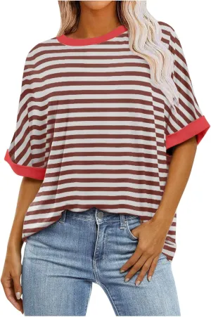 Womens Sweatshirt Casual Striped Color Block Short Sleeve Crewneck Shirt Summer Y2k Tops Oversized Tshirts for Women