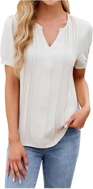 Womens Trendy V Neck Puff Short Sleeve Pleated T Shirts Fashion Summer Beach Tops Casual Dressy Tunic Blouse
