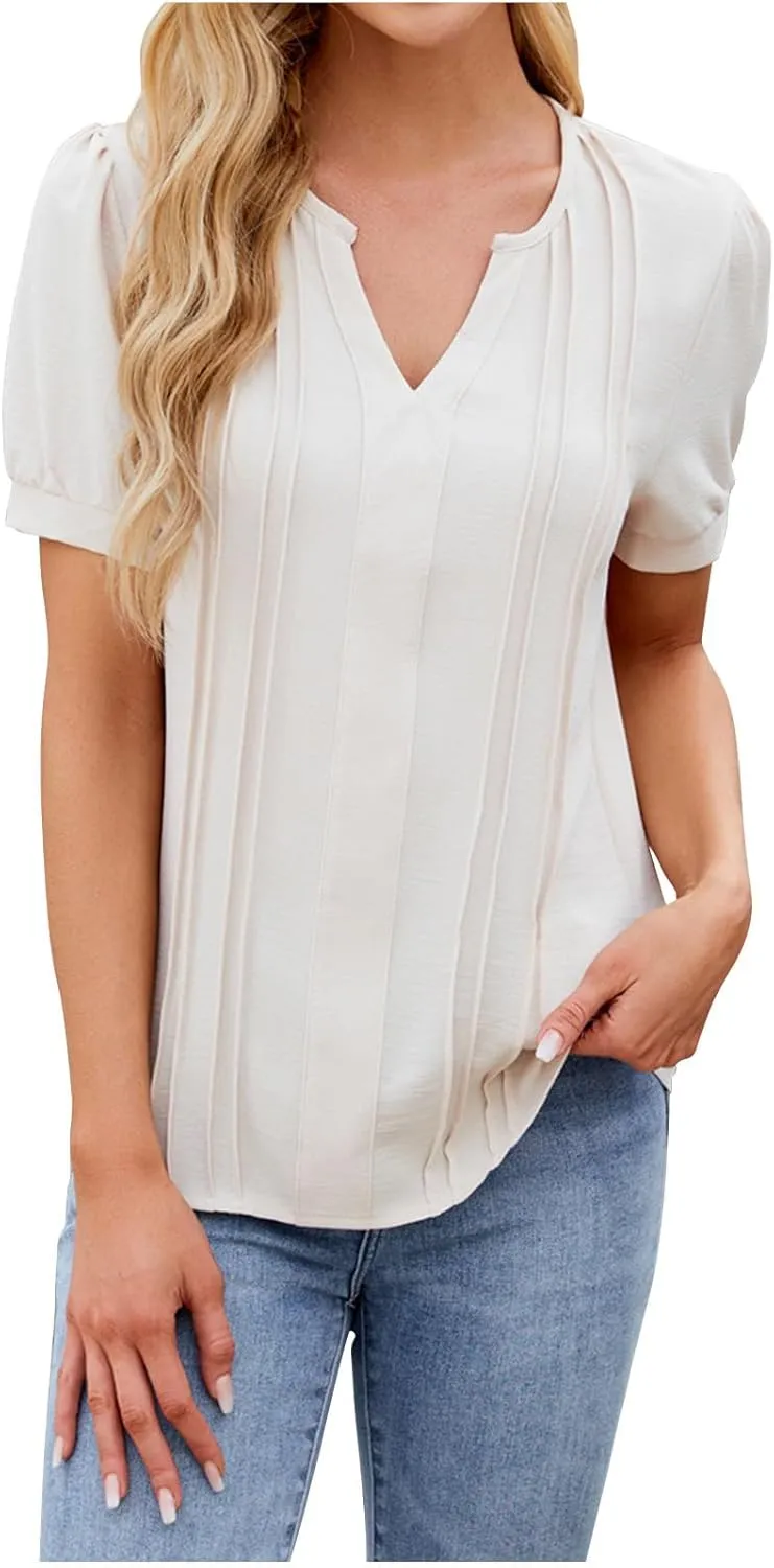 Womens Trendy V Neck Puff Short Sleeve Pleated T Shirts Fashion Summer Beach Tops Casual Dressy Tunic Blouse