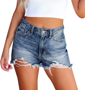 Women's Trendy Washed High Waisted Button Ripped Denim Shorts Summer New Lightweight Casual Straight Wide Leg Raw Hem Shorts