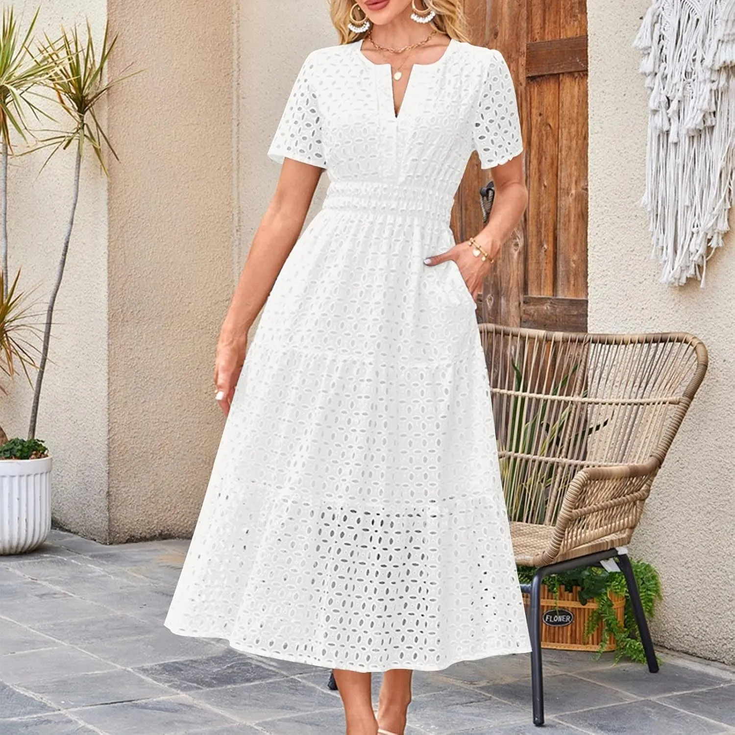 Women's Vintage Hollow Out Dress Elegant Slimming Waist Dresses V Neck Flowy Hem Short Sleeve Maxi Skirt Daily Working