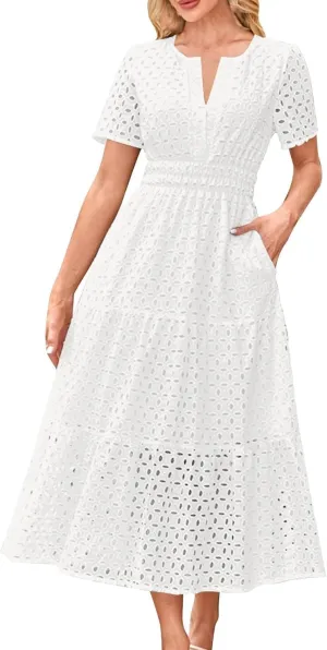 Women's Vintage Hollow Out Dress Elegant Slimming Waist Dresses V Neck Flowy Hem Short Sleeve Maxi Skirt Daily Working