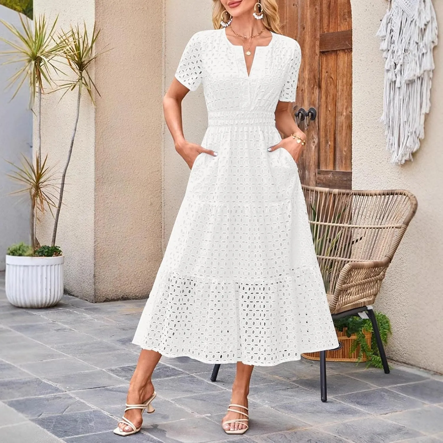 Women's Vintage Hollow Out Dress Elegant Slimming Waist Dresses V Neck Flowy Hem Short Sleeve Maxi Skirt Daily Working