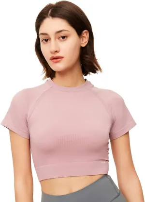 Womens Workout Crop Tops Short Sleeve Yoga Gym Athletic Shirts Running Tank Tops Slim Fit YLT3M131