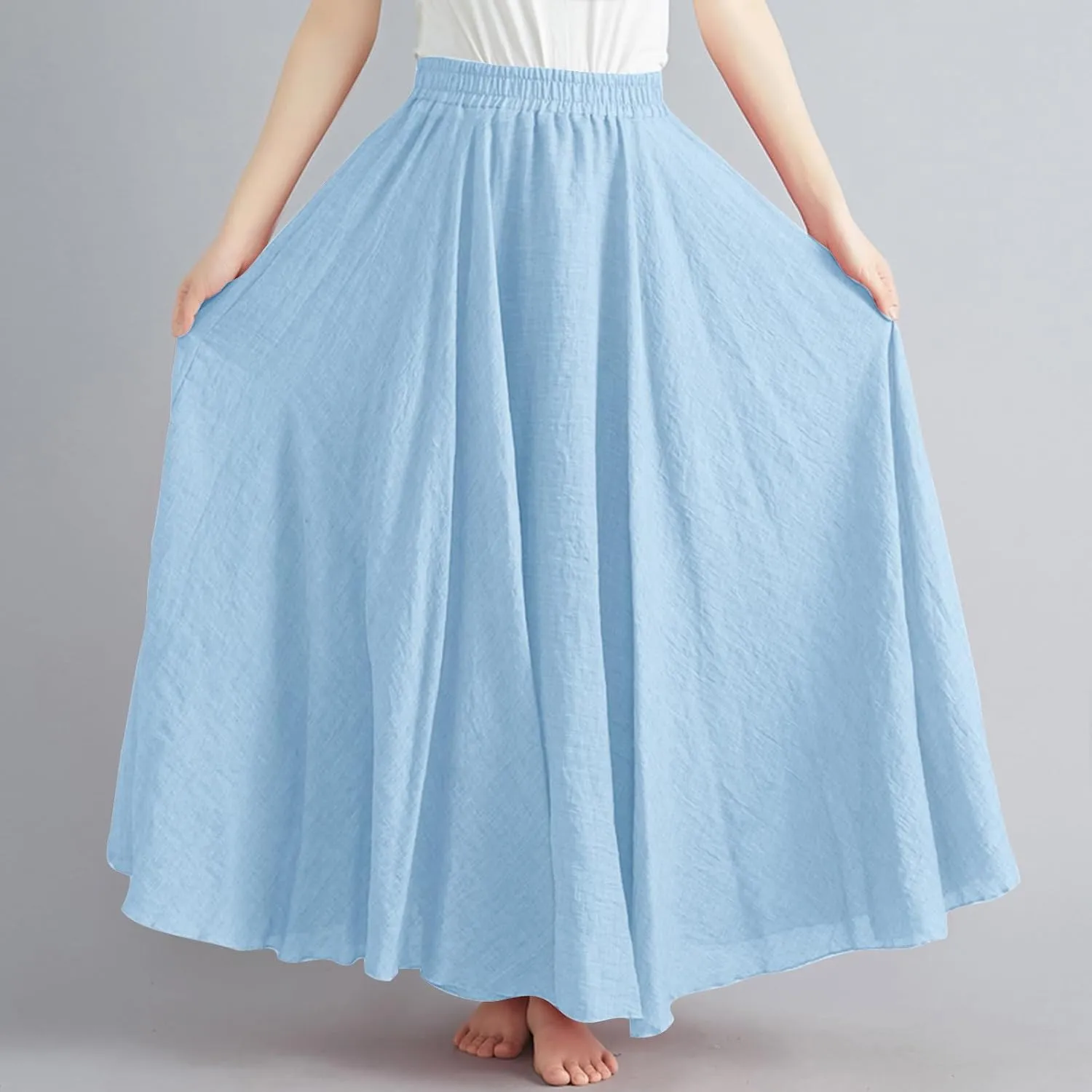 Womne's Maxi Skirts A Line Long Linen Skirts Elastic Waist Summer Skirts Flowy Beach Vacation Skirts Long Boho Skirts