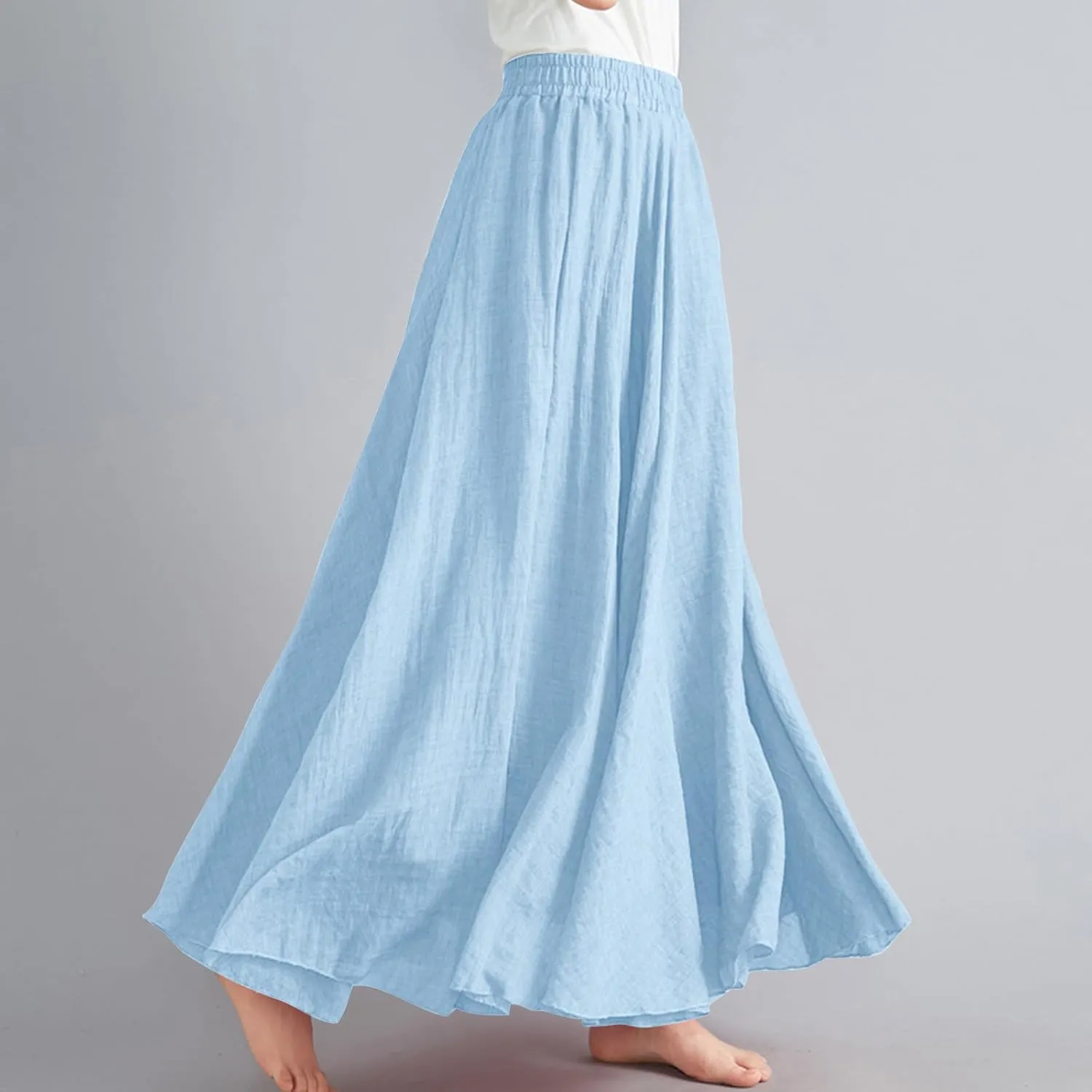 Womne's Maxi Skirts A Line Long Linen Skirts Elastic Waist Summer Skirts Flowy Beach Vacation Skirts Long Boho Skirts