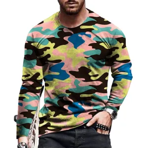Work Out Athletic Tshirts for Man Fall Summer Long Sleeve Boat Neck 3D Digital Print Camo Tops Shirt Man 2025