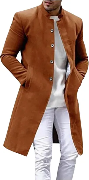 XUNRYAN Mens Wool Blend Pea Coat Notched Collar Single Breasted Overcoat Warm Winter Trench Coat Mid Long Jacket Work Outwear
