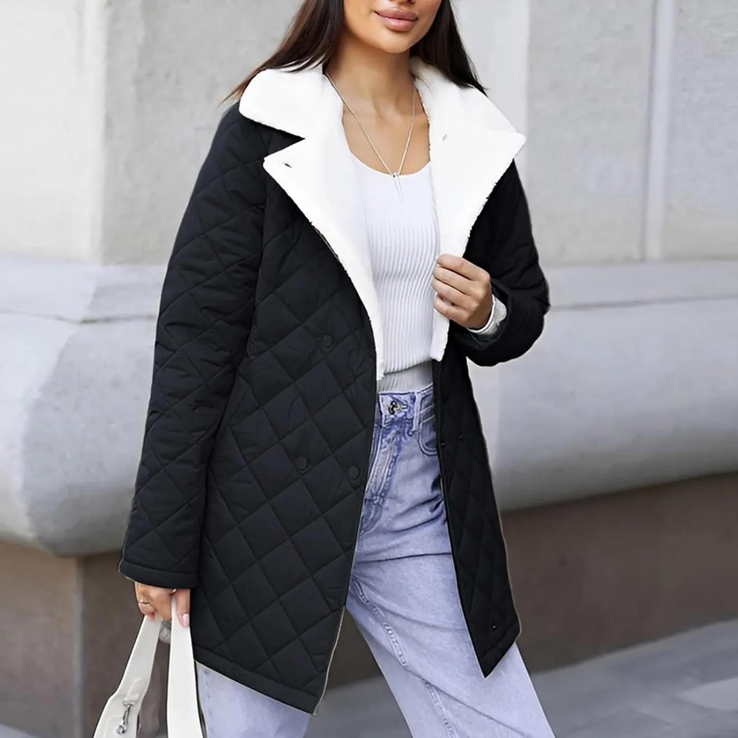 XUNRYAN Women Sherpa Puffer Jackets Quilted Lightweight Winter Down Fleece Coat Parka Anorak Mid Length Trench Coat Outwear