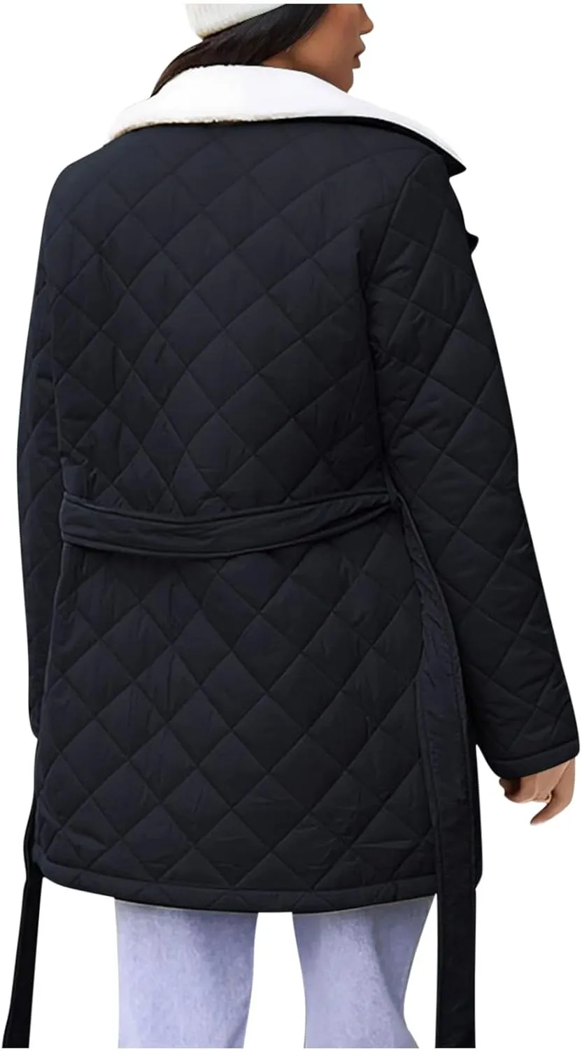 XUNRYAN Women Sherpa Puffer Jackets Quilted Lightweight Winter Down Fleece Coat Parka Anorak Mid Length Trench Coat Outwear