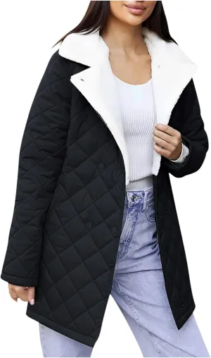 XUNRYAN Women Sherpa Puffer Jackets Quilted Lightweight Winter Down Fleece Coat Parka Anorak Mid Length Trench Coat Outwear