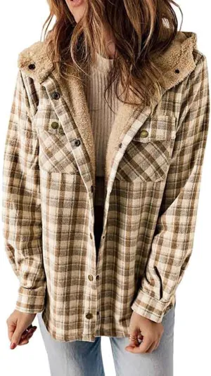 XUNRYAN Women Winter Warm Sherpa Fleece Jacket Trench Coat Wool-Blend Fashion Plaid Faux-Fur Shacket Jacket Hooded Outwear