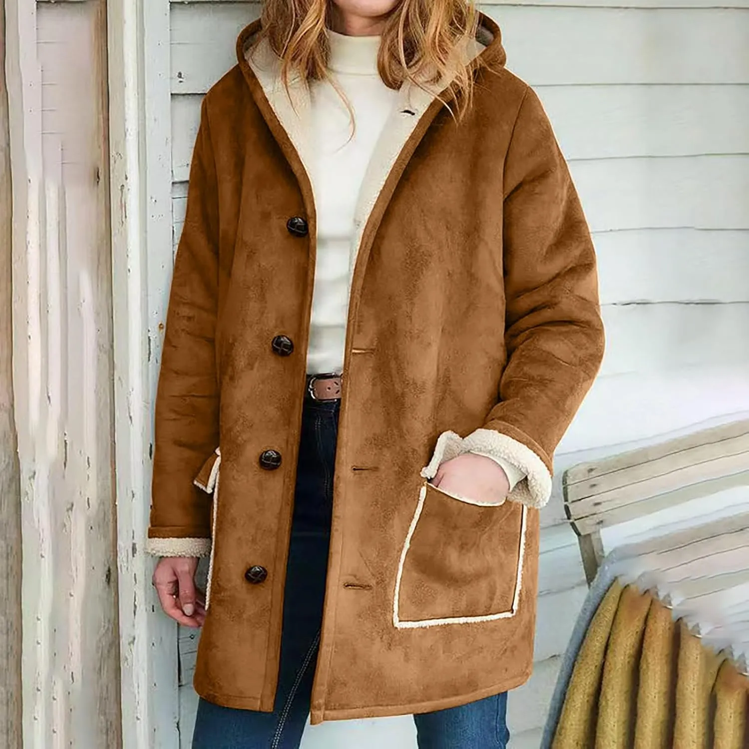 XUNRYAN Womens Fashion Suede Sherpa Fleece Jacket Trench Coats Thicken Winter Warm Sherpa Coat Hooded Peacoat Shearling Parka
