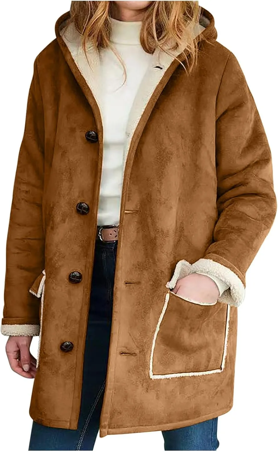 XUNRYAN Womens Fashion Suede Sherpa Fleece Jacket Trench Coats Thicken Winter Warm Sherpa Coat Hooded Peacoat Shearling Parka