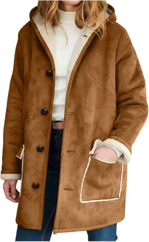 XUNRYAN Womens Fashion Suede Sherpa Fleece Jacket Trench Coats Thicken Winter Warm Sherpa Coat Hooded Peacoat Shearling Parka