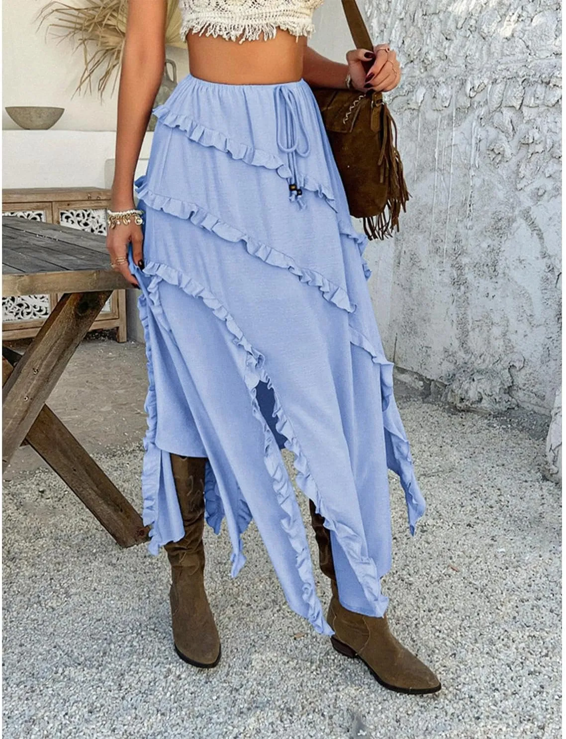 xzbailisha Womens Ruffle Flowy Maxi Skirt Trendy High Slit Elastic High Waist A Line Beach Summer Long Skirts