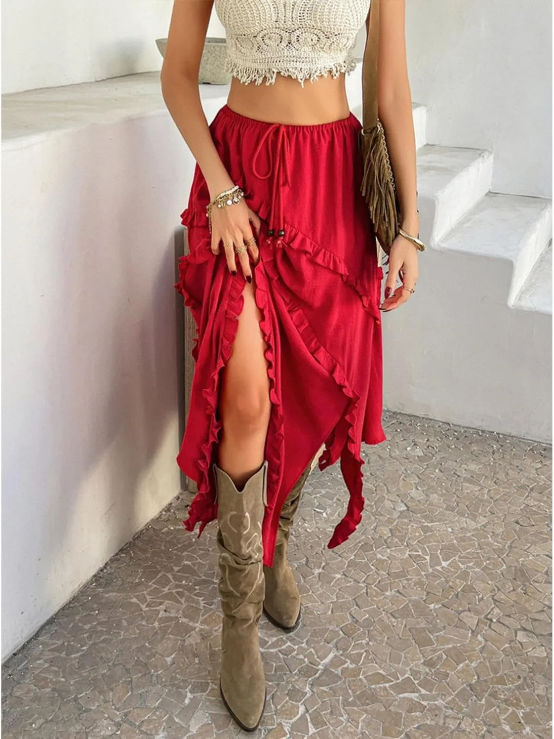 xzbailisha Womens Ruffle Flowy Maxi Skirt Trendy High Slit Elastic High Waist A Line Beach Summer Long Skirts