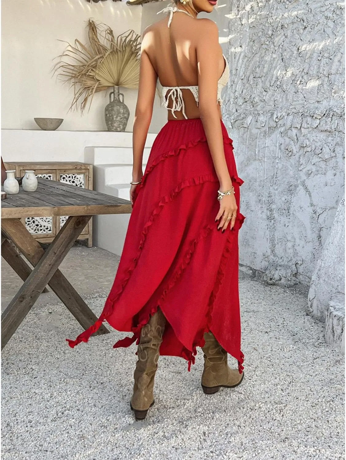xzbailisha Womens Ruffle Flowy Maxi Skirt Trendy High Slit Elastic High Waist A Line Beach Summer Long Skirts