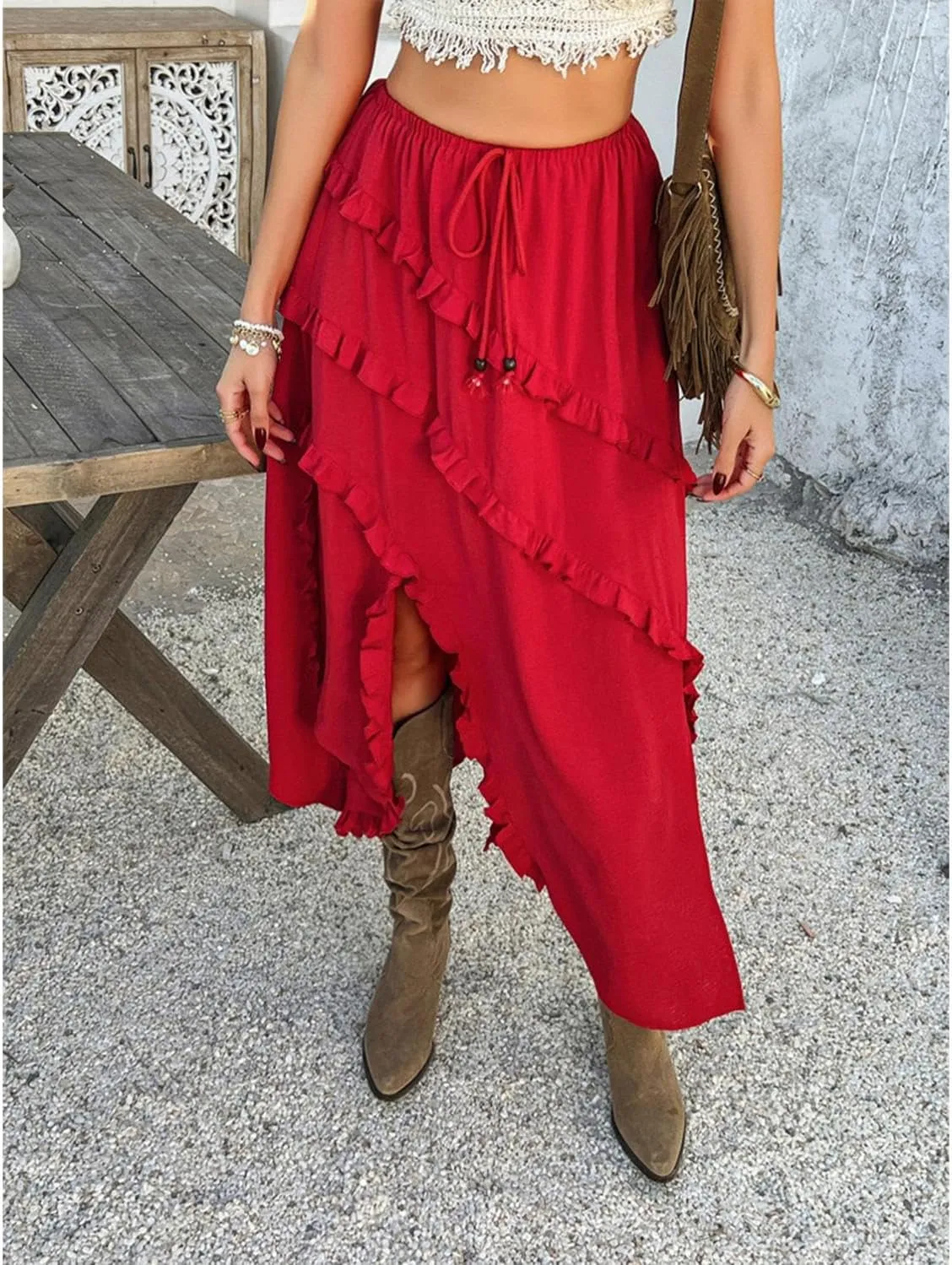 xzbailisha Womens Ruffle Flowy Maxi Skirt Trendy High Slit Elastic High Waist A Line Beach Summer Long Skirts
