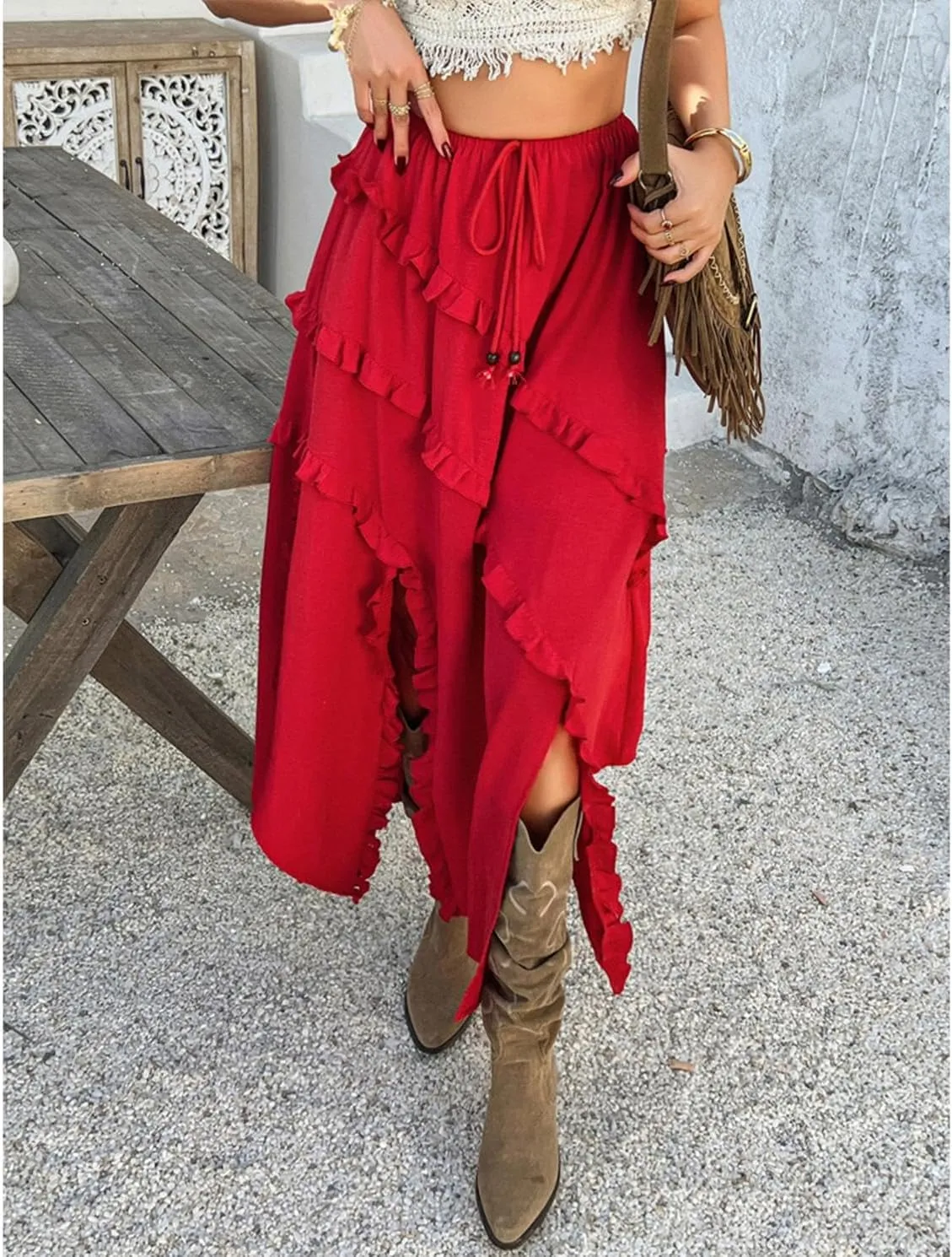 xzbailisha Womens Ruffle Flowy Maxi Skirt Trendy High Slit Elastic High Waist A Line Beach Summer Long Skirts