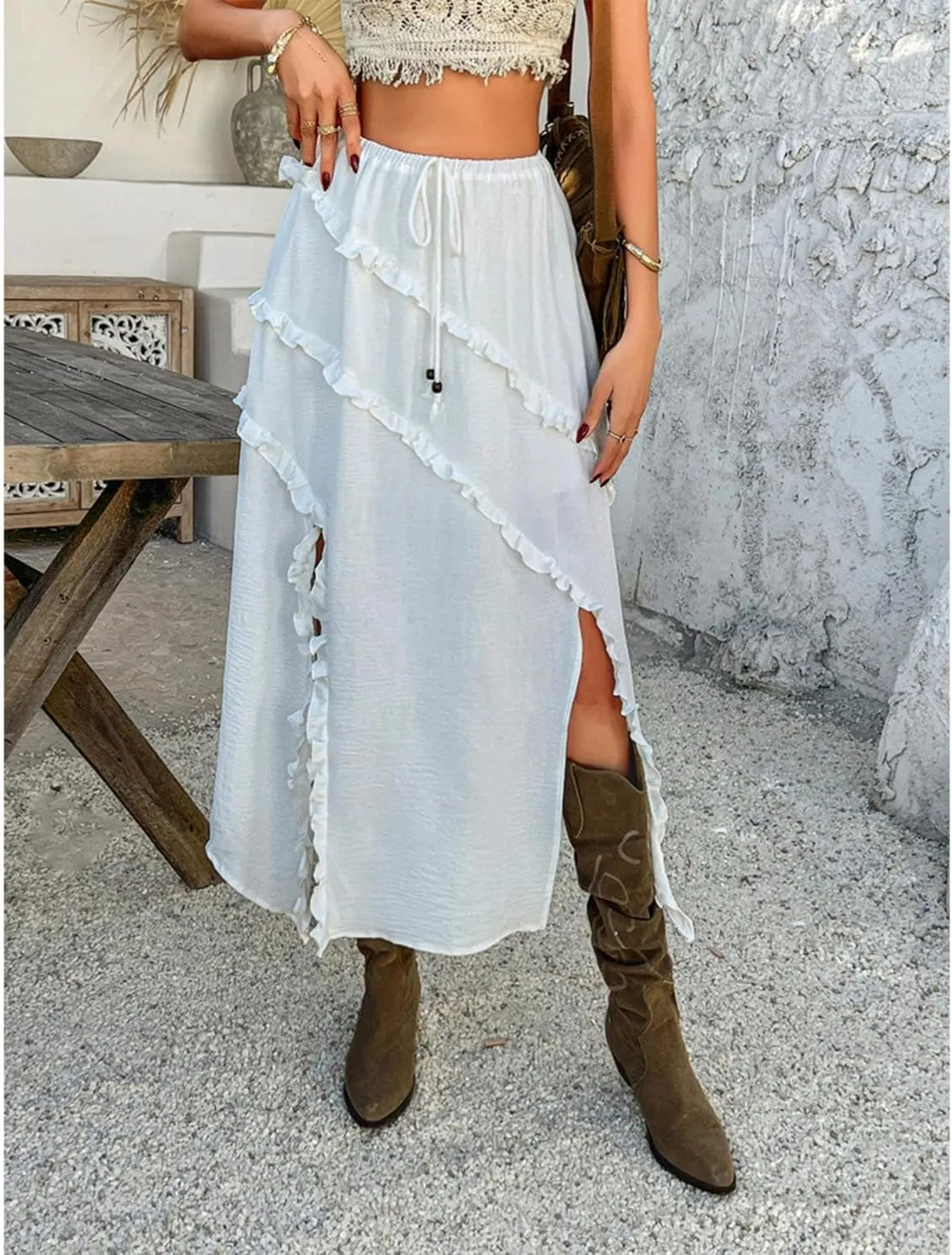 xzbailisha Womens Ruffle Flowy Maxi Skirt Trendy High Slit Elastic High Waist A Line Beach Summer Long Skirts