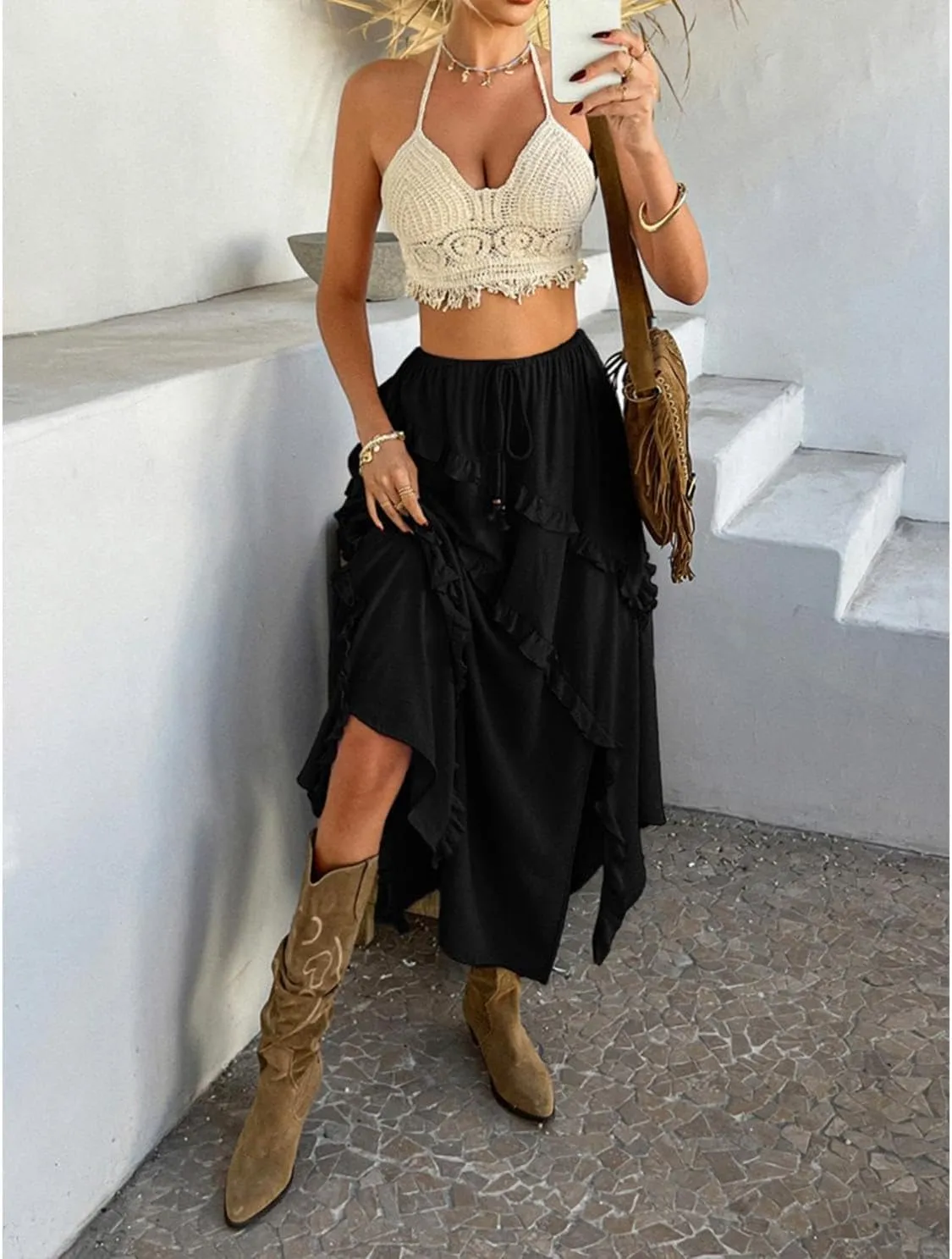xzbailisha Womens Ruffle Flowy Maxi Skirt Trendy High Slit Elastic High Waist A Line Beach Summer Long Skirts