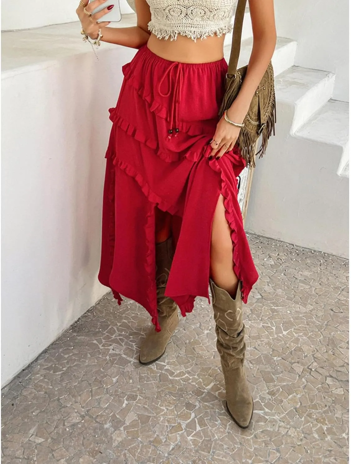 xzbailisha Womens Ruffle Flowy Maxi Skirt Trendy High Slit Elastic High Waist A Line Beach Summer Long Skirts
