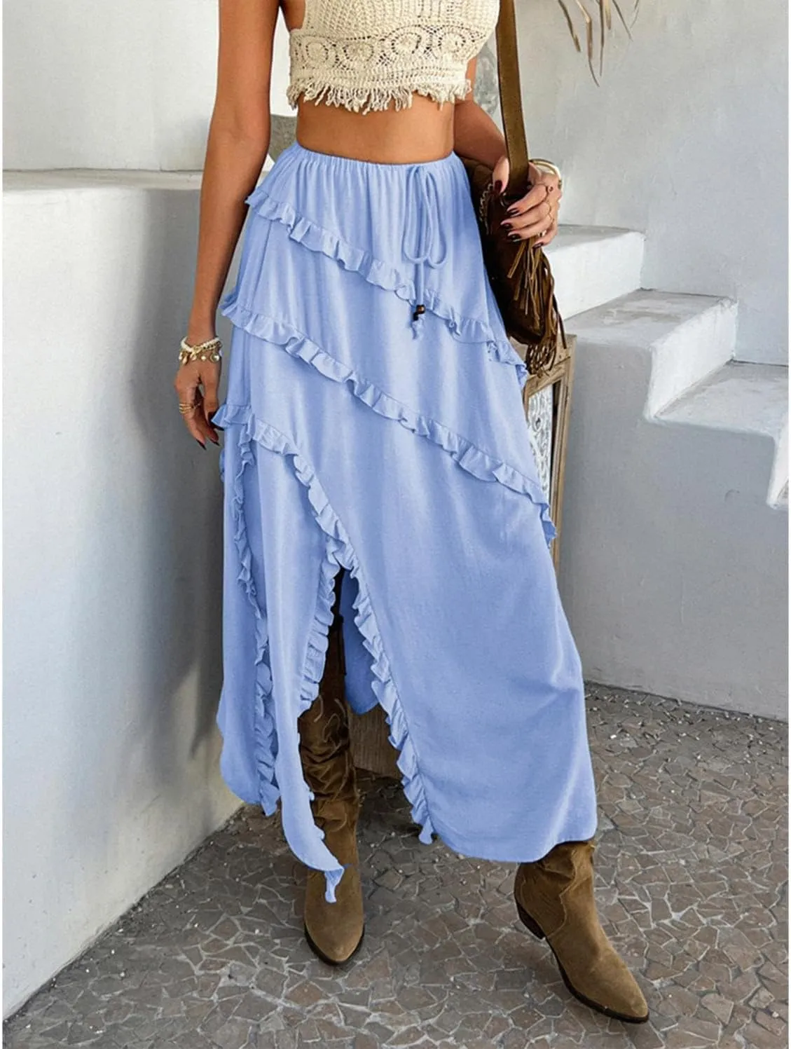 xzbailisha Womens Ruffle Flowy Maxi Skirt Trendy High Slit Elastic High Waist A Line Beach Summer Long Skirts