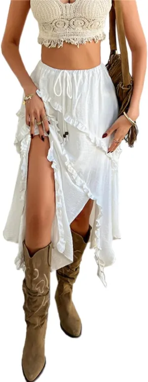 xzbailisha Womens Ruffle Flowy Maxi Skirt Trendy High Slit Elastic High Waist A Line Beach Summer Long Skirts