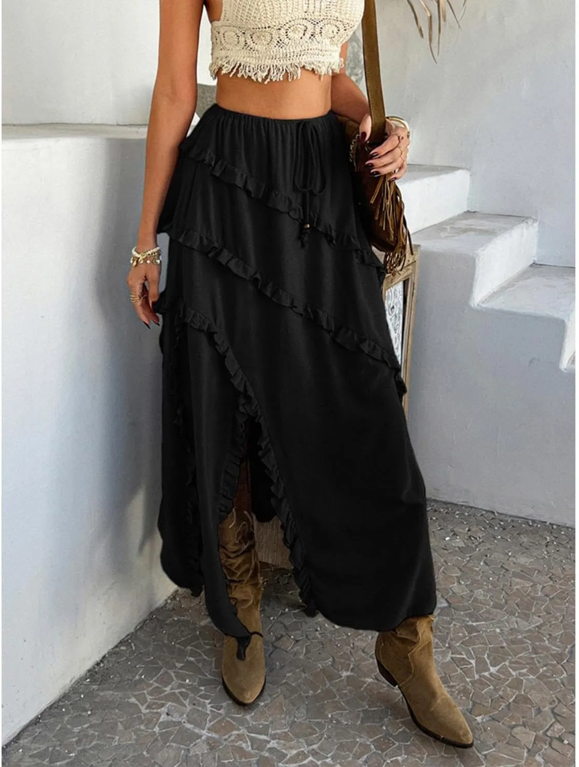 xzbailisha Womens Ruffle Flowy Maxi Skirt Trendy High Slit Elastic High Waist A Line Beach Summer Long Skirts