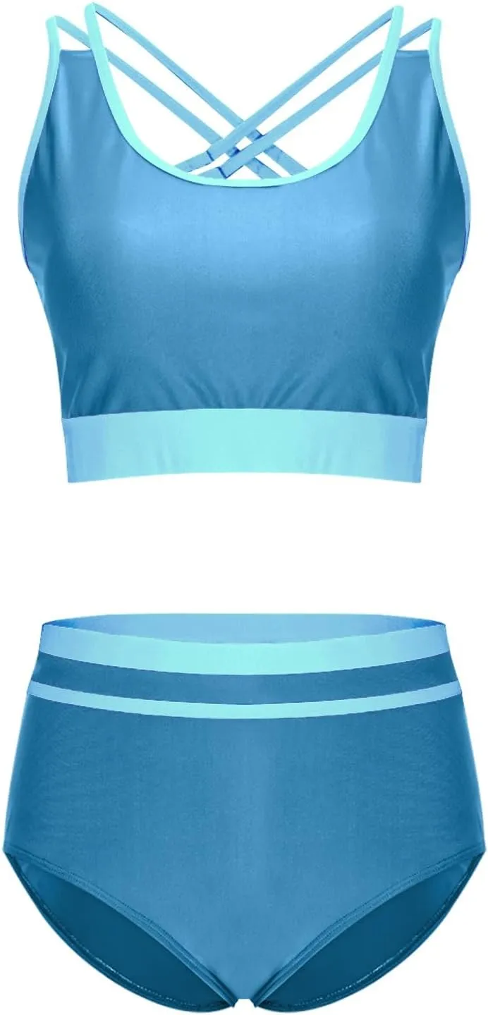 yardsong Modest Bikini Sets for Women Two Piece Sporty Bathing Suits Double Shoulder Straps Scoop Neck High Waist Swimsuits