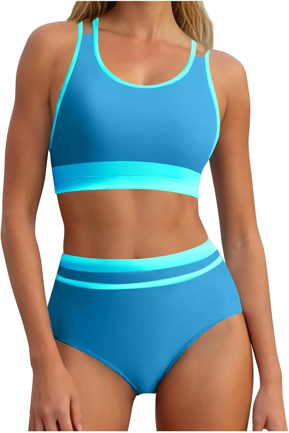 yardsong Modest Bikini Sets for Women Two Piece Sporty Bathing Suits Double Shoulder Straps Scoop Neck High Waist Swimsuits