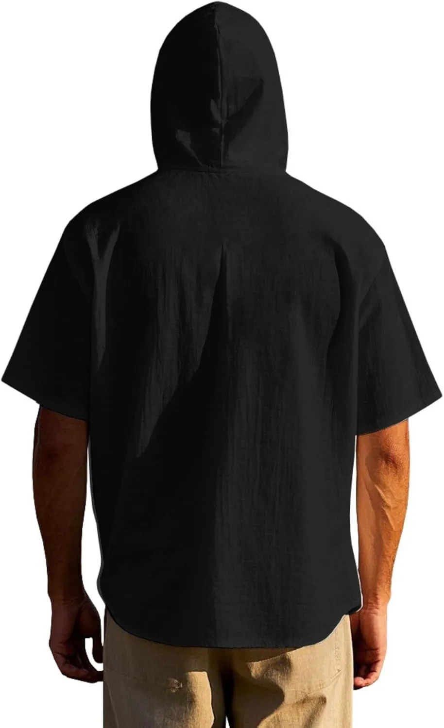 ZOCAVIA Men's Summer Linen Hoodie Casual Solid Color Short Sleeve Shirts Comfy Button Down Loose Fit Hooded Tops Light Weight
