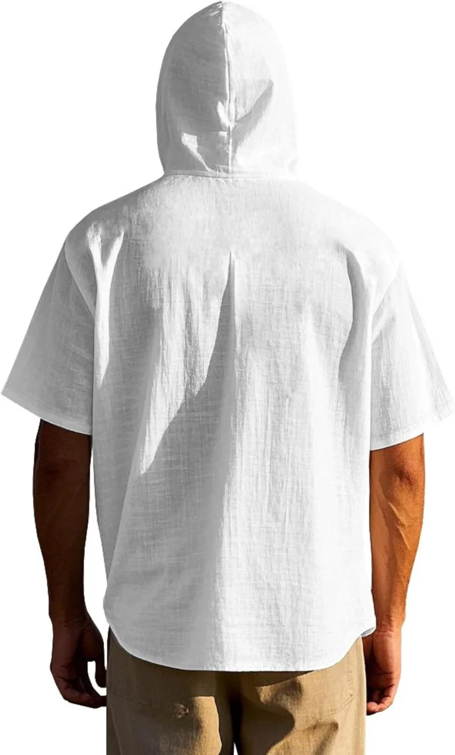 ZOCAVIA Men's Summer Linen Hoodie Casual Solid Color Short Sleeve Shirts Comfy Button Down Loose Fit Hooded Tops Light Weight